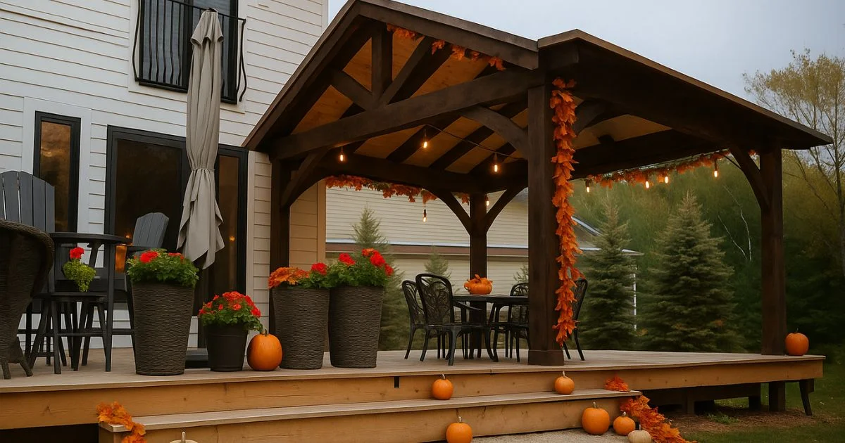 Wooden pavilion decorated with pumpkins and lights, set up for outdoor dining.